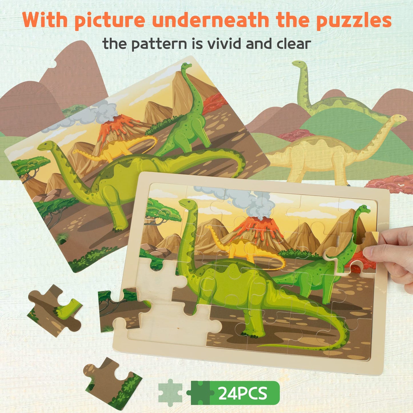 SYNARRY Wooden Dinosaur Jigsaw Puzzles for Kids Ages 3 4 5 6, 4 Packs 24 Piece Dino Puzzles, Preschool Educational Games Gifts for Children, Dinosaur Toys for 3 4 5 6 Year Old Boys Girls