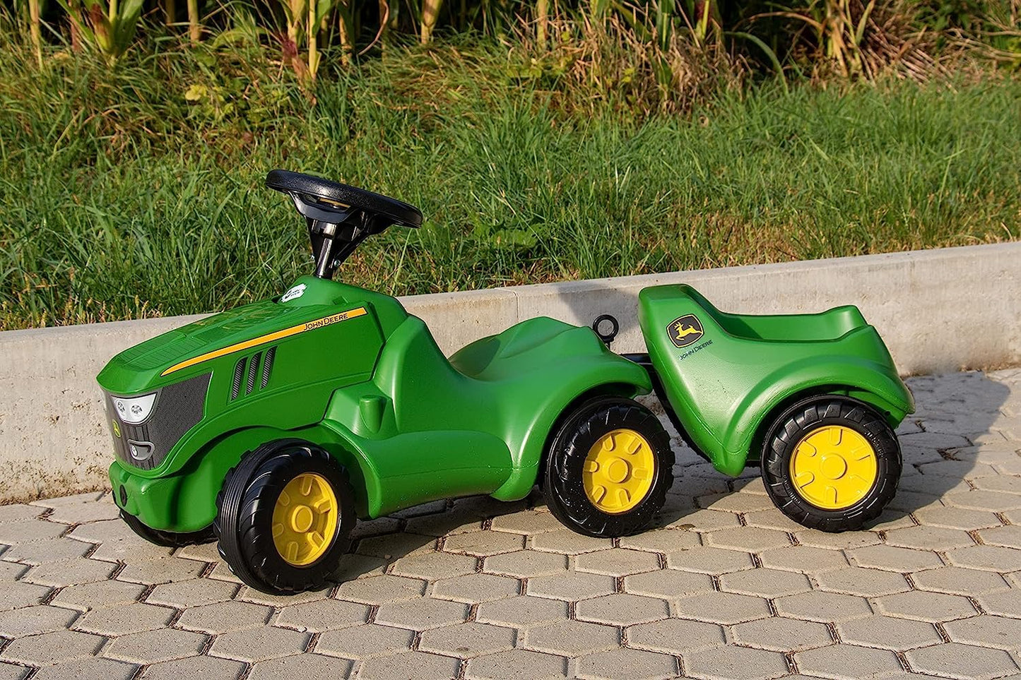 Rolly Toys Minitrac John Deere 6150R Baby Ride-On with Trailer, Tilting Trailer Under Bonnet, Steering Wheel with Horn, for Children from 1.5 Years