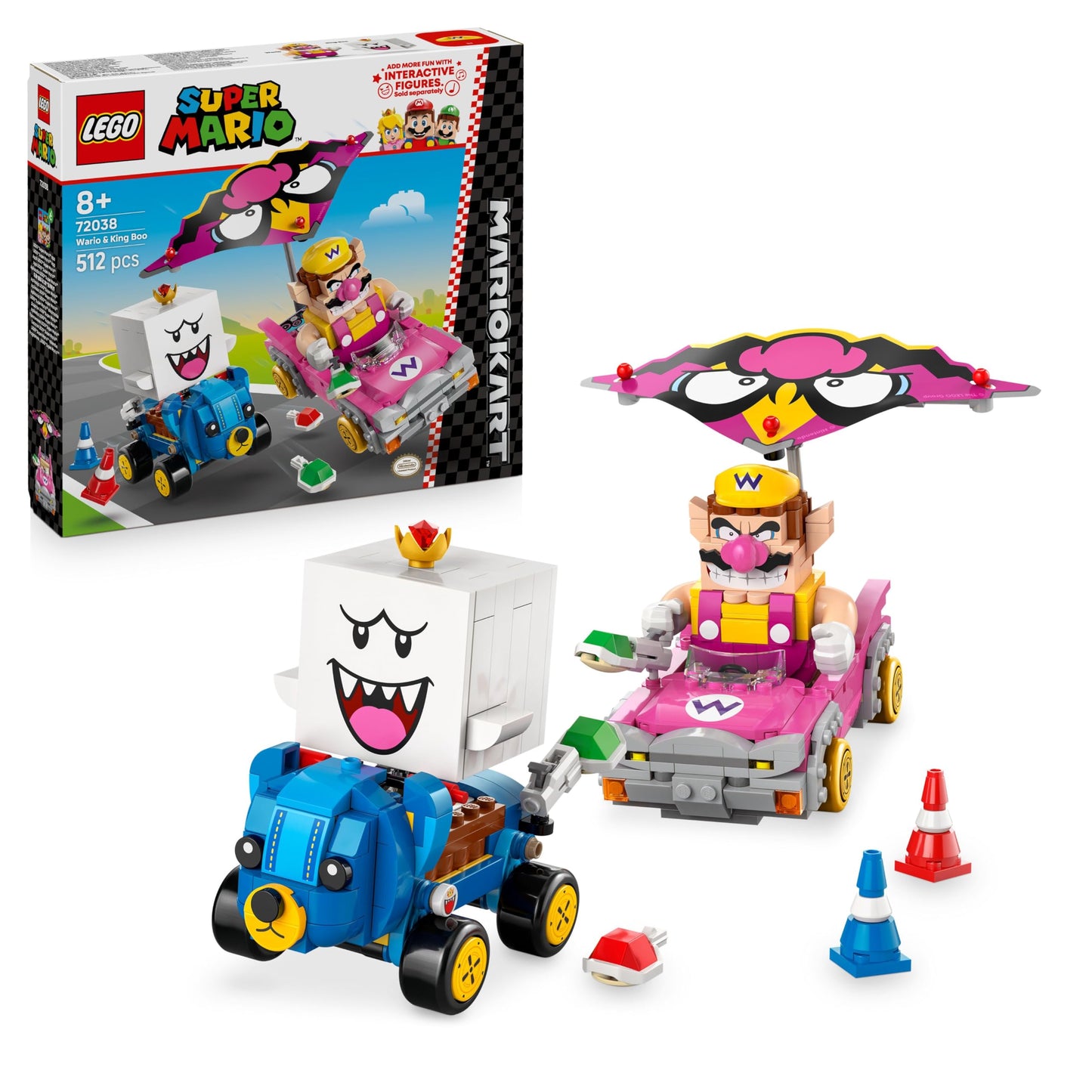 LEGO Super Mario Wario and King Boo figures with two cars from the Mario Kart set, ideal for play and display.