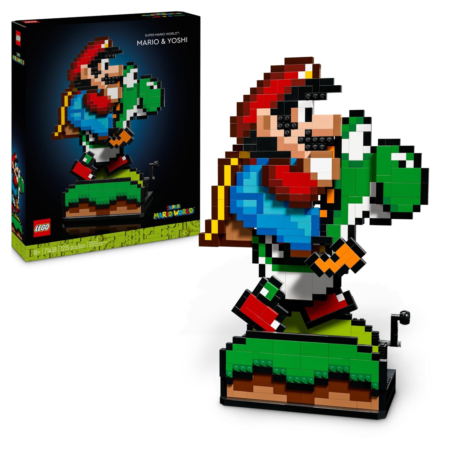 LEGO Super Mario World building set featuring Mario and Yoshi pixelated character figures for collectors and home decor.
