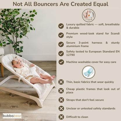 Bubba Bear Baby Bouncer, Foldable Rocking Chair with Seat, Newborn to Toddler, 0+ Months (Beige)