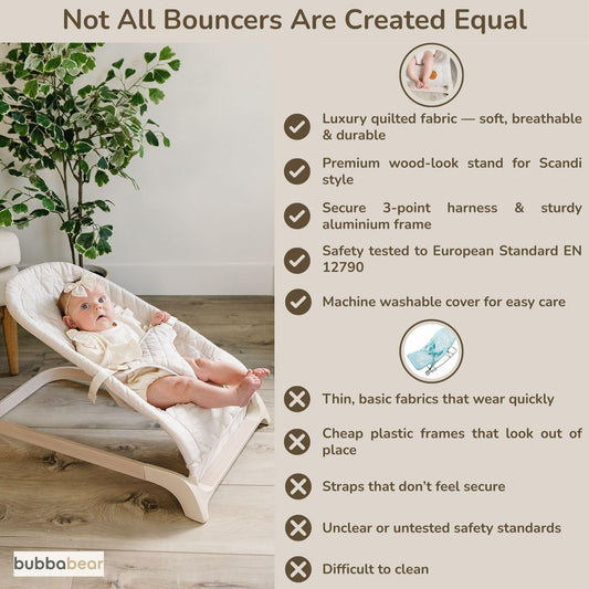 Bubba Bear Baby Bouncer, Foldable Rocking Chair with Seat, Newborn to Toddler, 0+ Months (Beige)