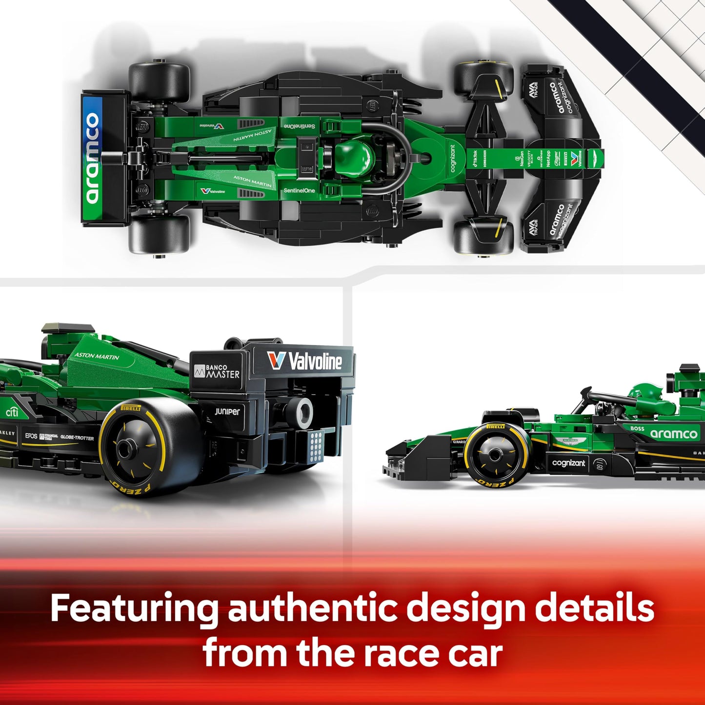 LEGO Speed Champions Aston Martin F1 AMR24 race car toy with collectible driver minifigure, ideal for motorsport fans.