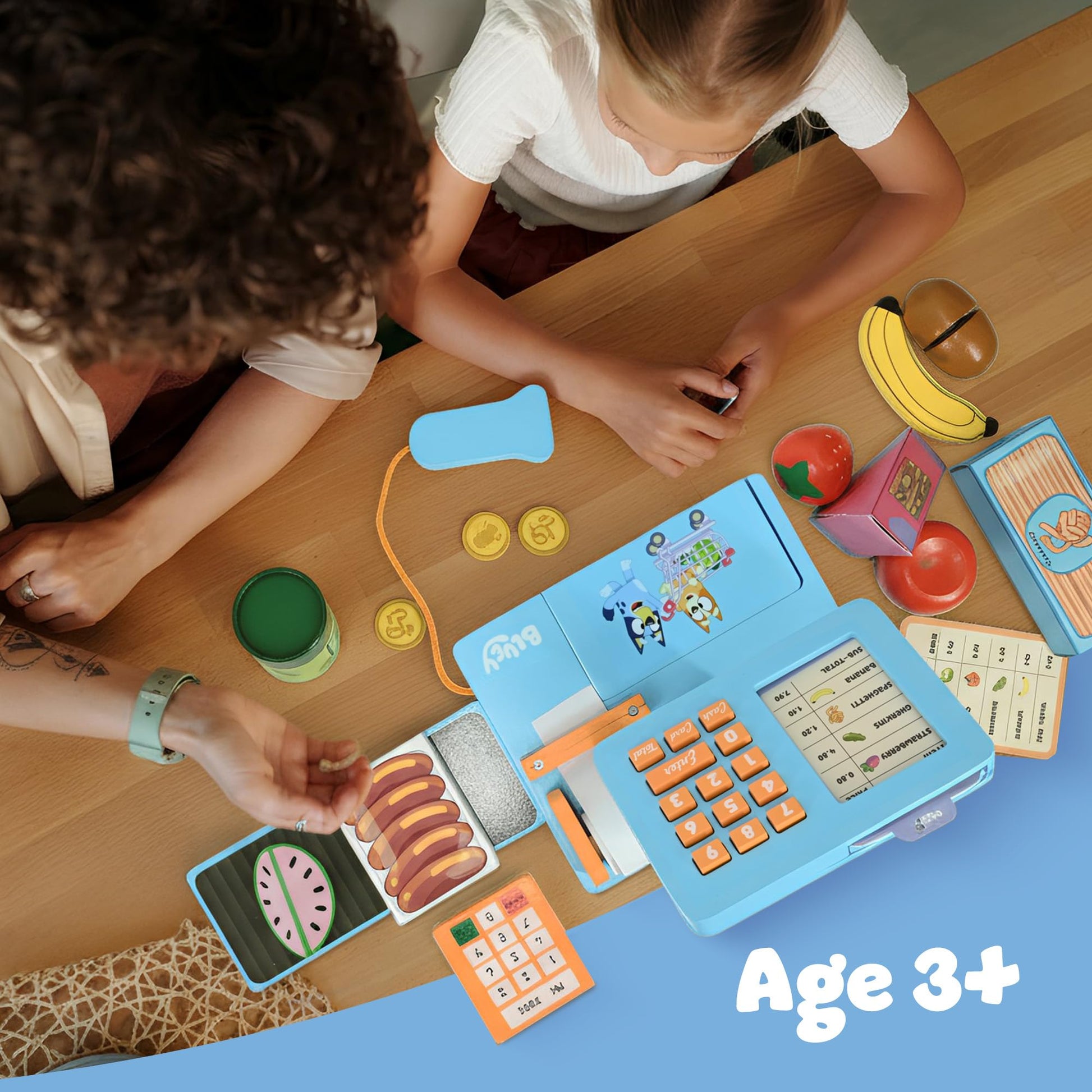 Bluey Bluey Cash Register toy with scanner, play money, food accessories, credit card, and interactive sounds for kids' pretend play.