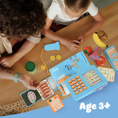 Bluey Bluey Cash Register toy with scanner, play money, food accessories, credit card, and interactive sounds for kids' pretend play.
