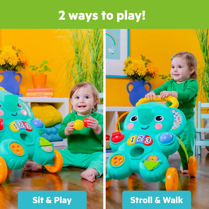 Bright Starts Stroll 'N Roll 2-in-1 Elephant Baby Walker with lights and music, suitable for infants 6 months and older.