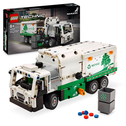 LEGO Technic Mack LR Electric Garbage Truck toy with recycling bin, showcasing realistic features and intricate design.