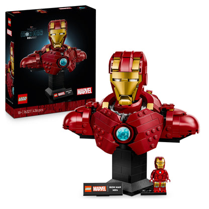 LEGO Marvel Iron Man MK4 Bust with Tony Stark Minifigure, shoulder cannons, and rotating head for display.