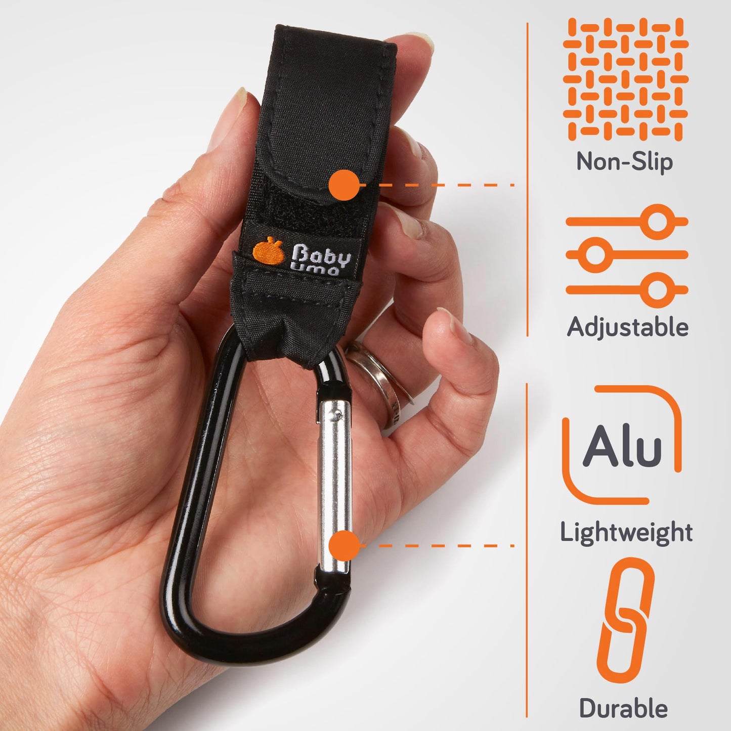 Baby Uma Baby Buggy Clips showing secure attachment to stroller, non-slip design, and compact size for travel and pram accessories.
