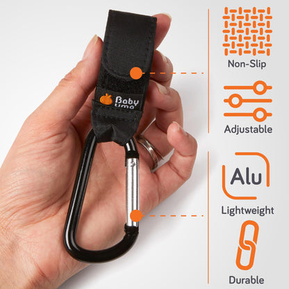 Baby Uma Baby Buggy Clips showing secure attachment to stroller, non-slip design, and compact size for travel and pram accessories.