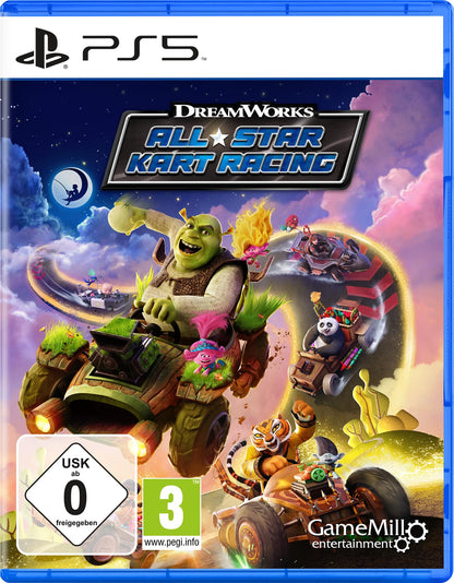 Dreamworks All-Star KartRacing PlayStation PS5 game cover featuring colorful characters and vibrant racing scene.