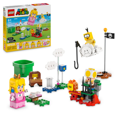 LEGO Super Mario Adventures set featuring interactive LEGO Princess Peach, yellow Toad figure, for kids and gamers.