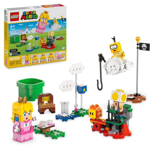 LEGO Super Mario Adventures set featuring interactive LEGO Princess Peach, yellow Toad figure, for kids and gamers.