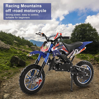 tekrabea Kids Dirt Bike, 49cc 2-Stroke Petrol Power Motocross Bike, Pocket Rocket Bikes with Dual Disc Brakes, Petrol Bikes for Kids Ages 6-12, Racing Max Speed 40km/H (Blue)