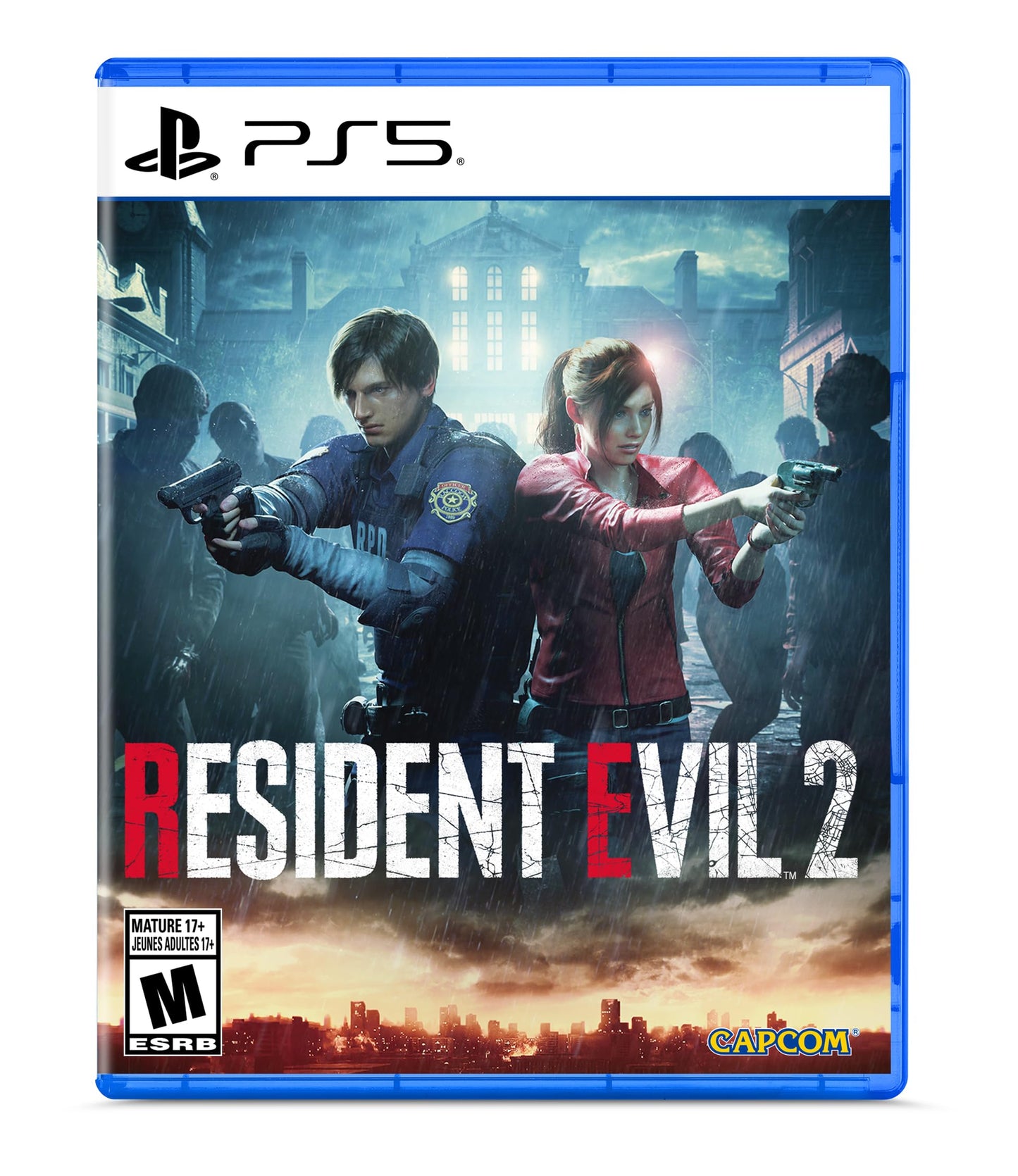 Resident Evil 2 PlayStation 5 game case with artwork featuring main characters and logo, by Capcom, on a white background.