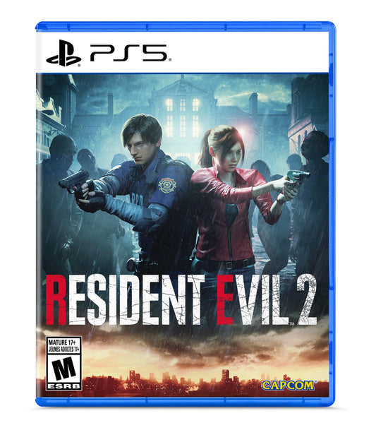 Resident Evil 2 PlayStation 5 game case with artwork featuring main characters and logo, by Capcom, on a white background.