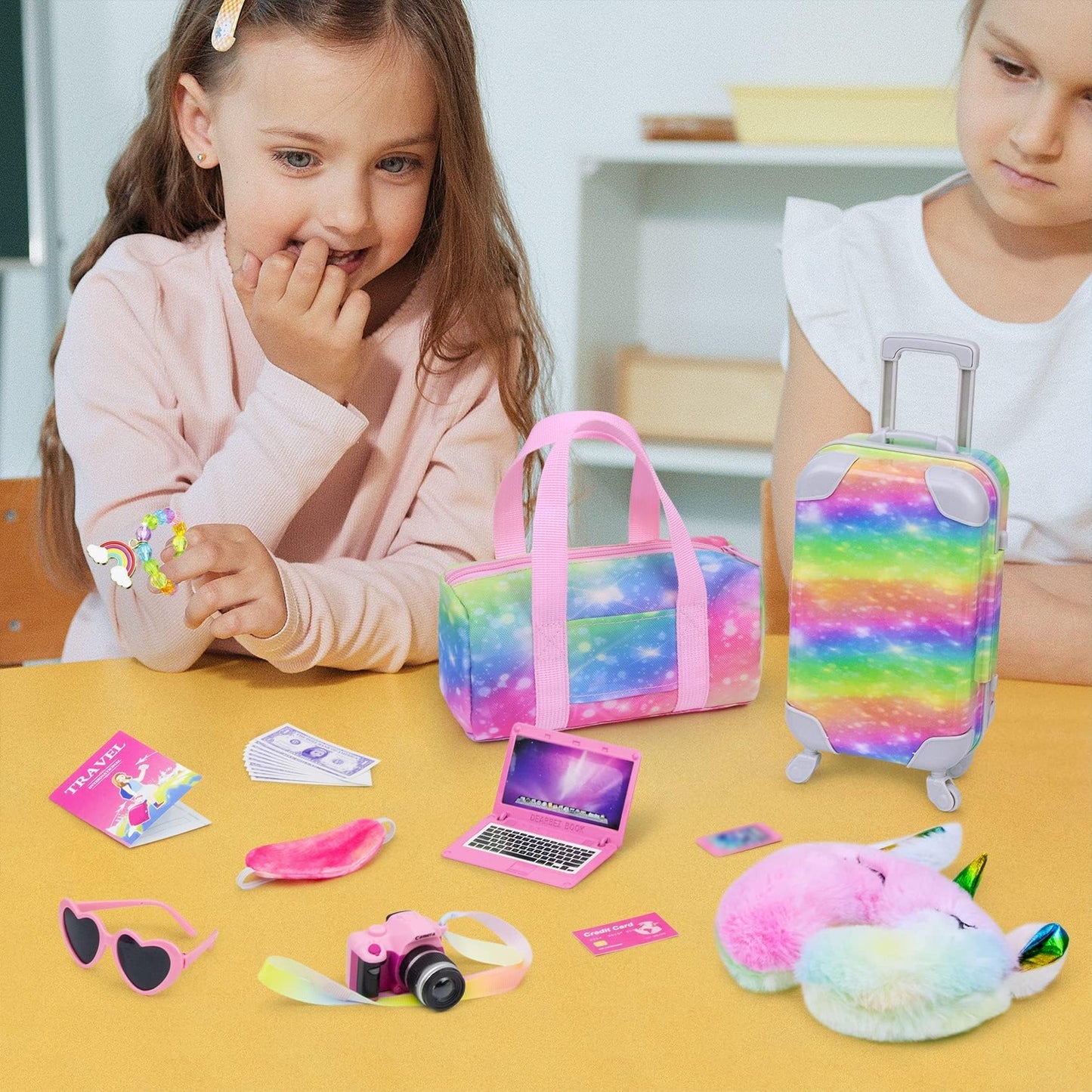 ZITA ELEMENT 23 PC doll accessories suitcase travel set with colorful items like bag, camera, and neck pillow.