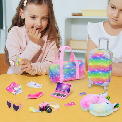 ZITA ELEMENT 23 PC doll accessories suitcase travel set with colorful items like bag, camera, and neck pillow.