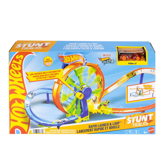 Hot Wheels toy car track set featuring a figure 8 track with loop-kicker booster and included die-cast vehicle.