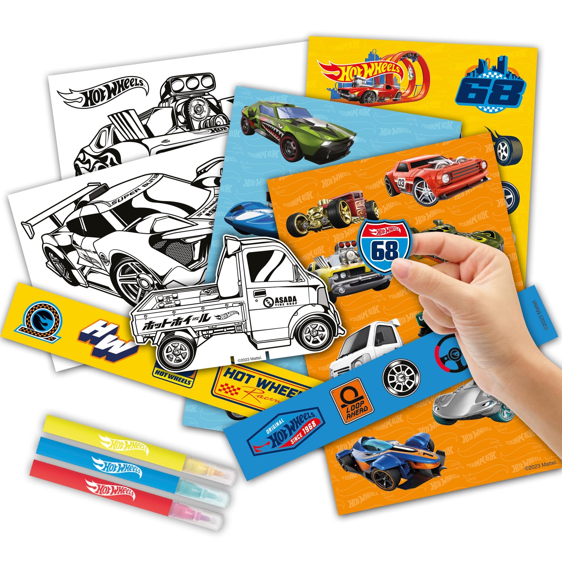 BLADEZ Hot Wheels sticker craft activity set with card cars, stickers, pens, and coloring sheets for kids' creative play.