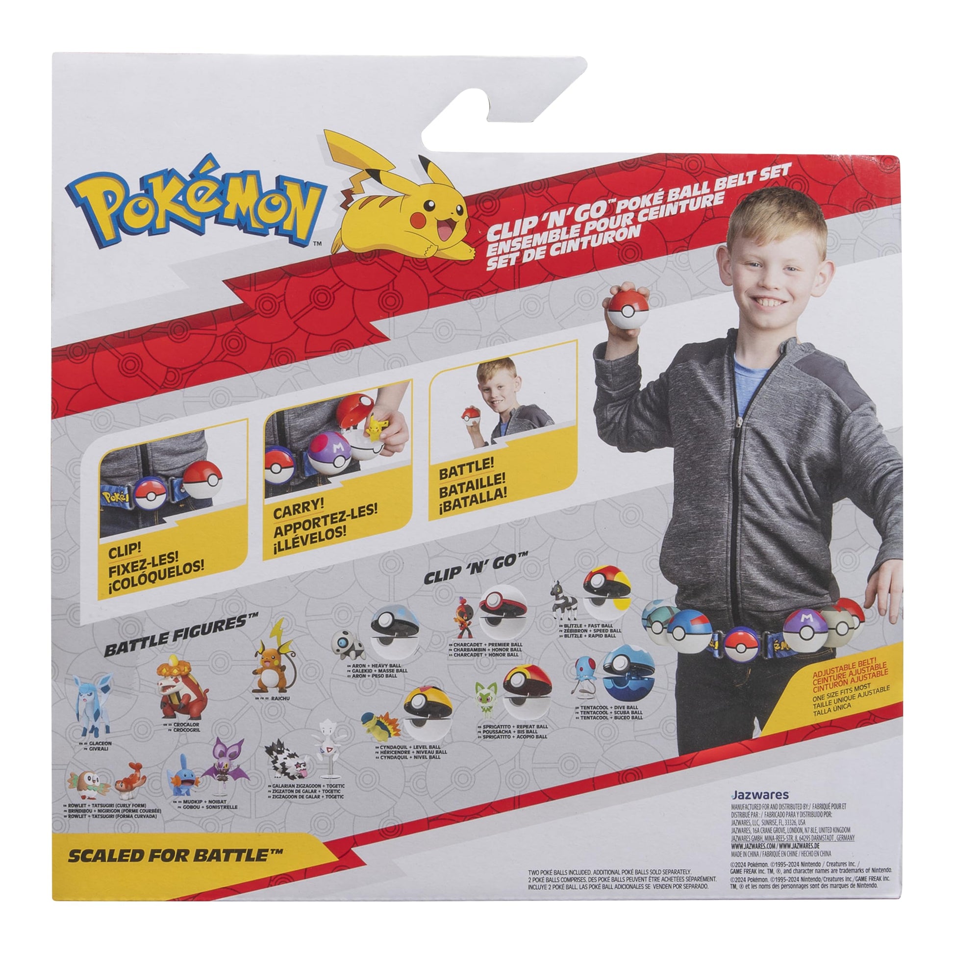 Pokémon Pikachu Clip 'N' Go Belt Set featuring Pikachu figure, Heal Ball, and Quick Ball accessories displayed on a belt.