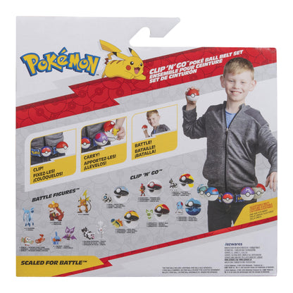 Pokémon Pikachu Clip 'N' Go Belt Set featuring Pikachu figure, Heal Ball, and Quick Ball accessories displayed on a belt.
