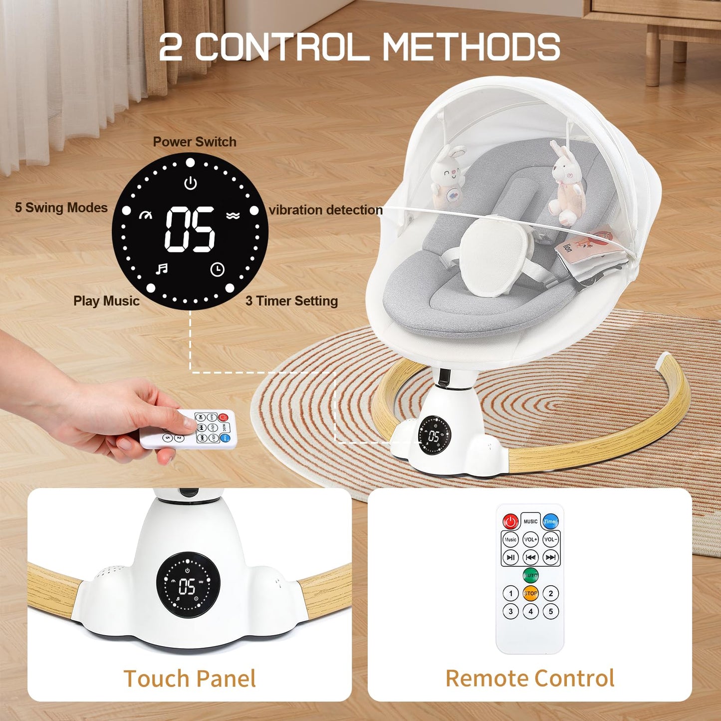Uuoeebb portable electric baby bouncer with wood finish, Bluetooth, 5 swing speeds, 10 lullabies, 5-point harness, remote, and touch control.