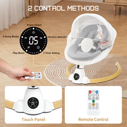 Uuoeebb portable electric baby bouncer with wood finish, Bluetooth, 5 swing speeds, 10 lullabies, 5-point harness, remote, and touch control.