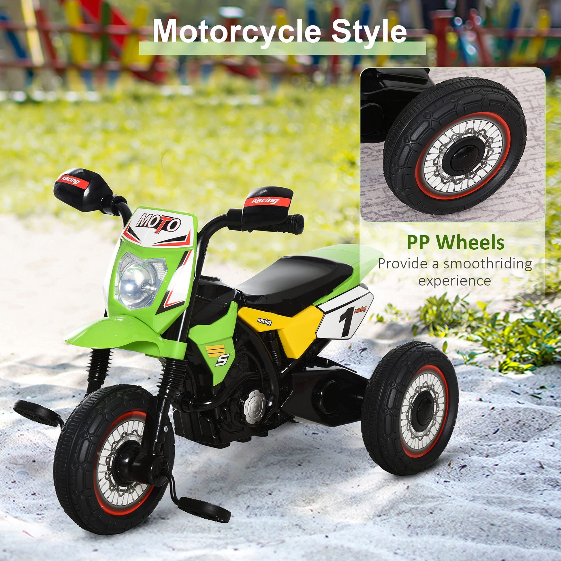 HOMCOM green trike for kids featuring a pedal motorcycle design, music, lights, and handlebar stickers for toddlers.