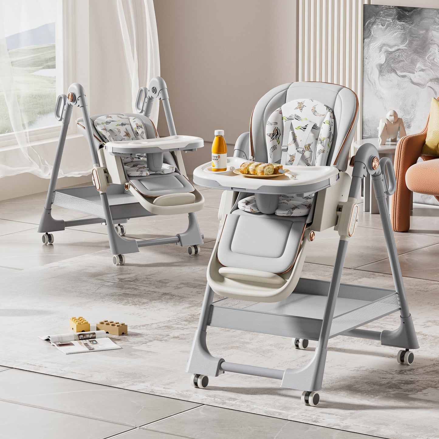Magic ZC PU Leather Baby High Chair Toddler Feeding Dining Chair with Adjustable Heights and Positions Multifunctional Foldable Convertible with Detachable Double Trays and Wheels (X8122 Grey)