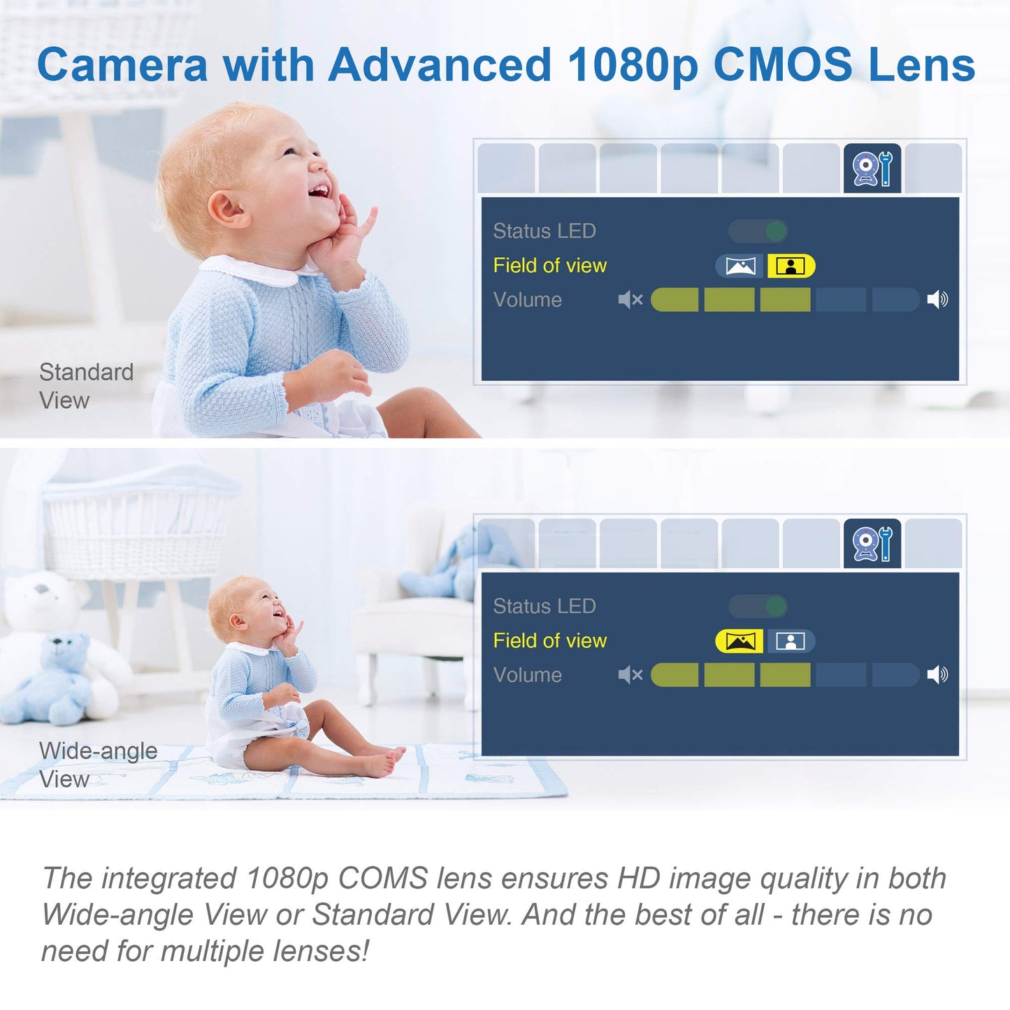 VTech VM919HD baby monitor with 7-inch HD display, camera with 360° pan and tilt, night vision, and long-range wireless video.