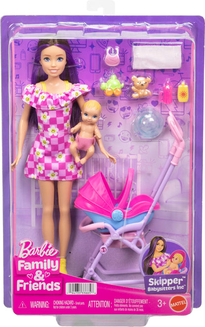 Barbie Skipper Babysitters Inc. playset with brunette doll, blonde baby doll, stroller with removable car seat, and accessories.