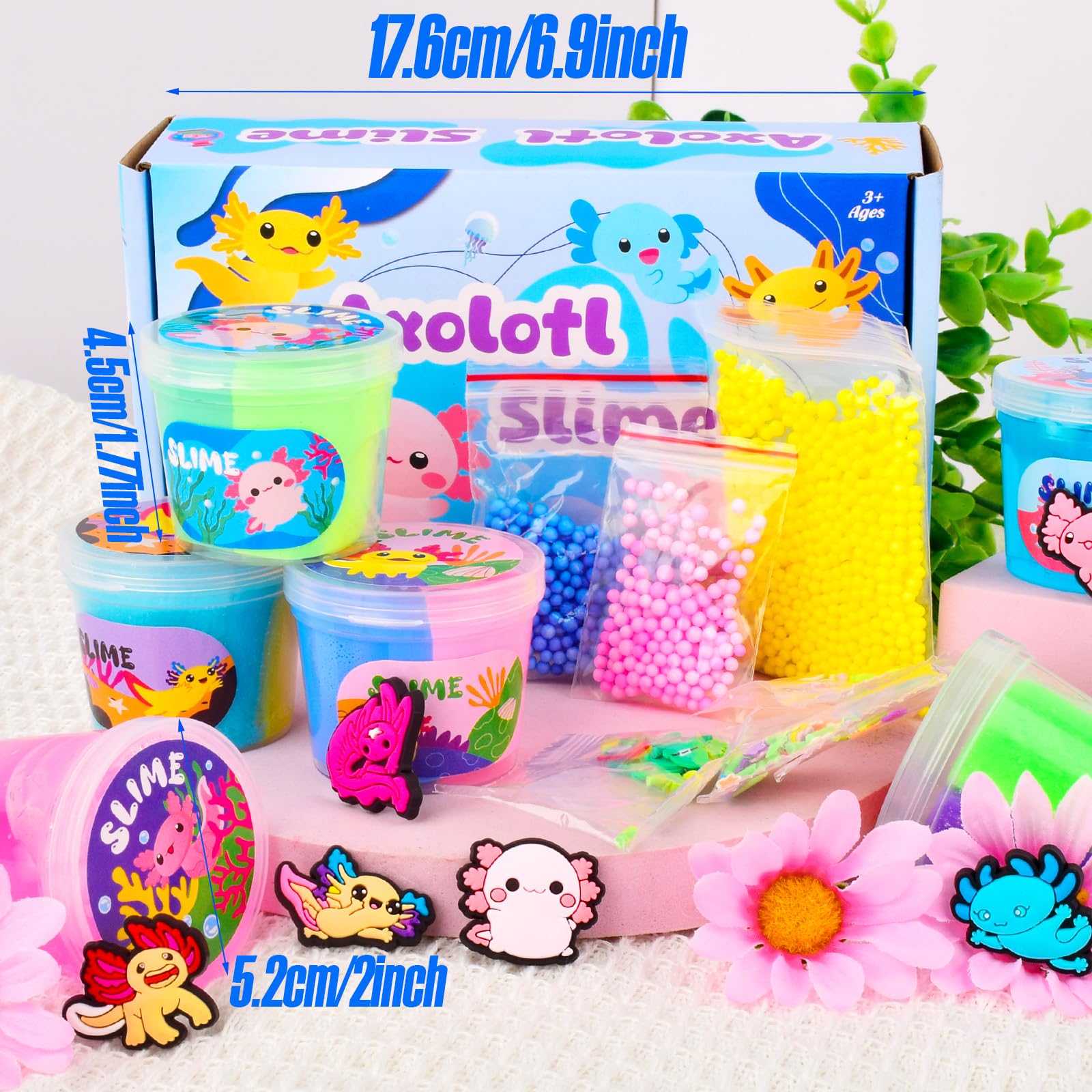 Six-pack of Axolotl Slime Kit with blue butter cloud dough and crystal slime for kids ages 8-12, perfect for party favors or gifts.