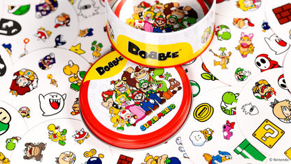 Asmodee Dobble Super Mario family card game with colorful Mario-themed cards for ages 6+ and 2-8 players.