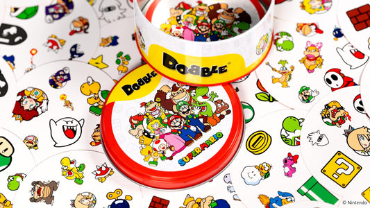 Asmodee Dobble Super Mario family card game with colorful Mario-themed cards for ages 6+ and 2-8 players.