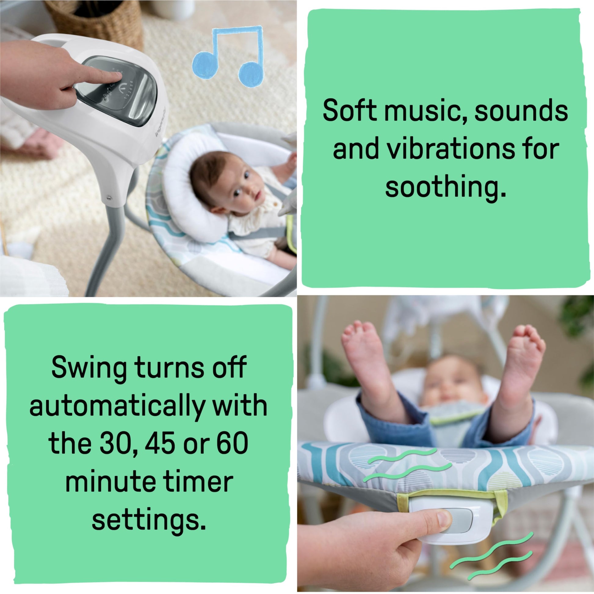 Ingenuity SimpleComfort baby swing with 6-speed settings, multi-direction movement, vibrations, and nature sounds for infants 0-9 months.