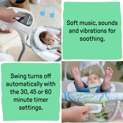 Ingenuity SimpleComfort baby swing with 6-speed settings, multi-direction movement, vibrations, and nature sounds for infants 0-9 months.