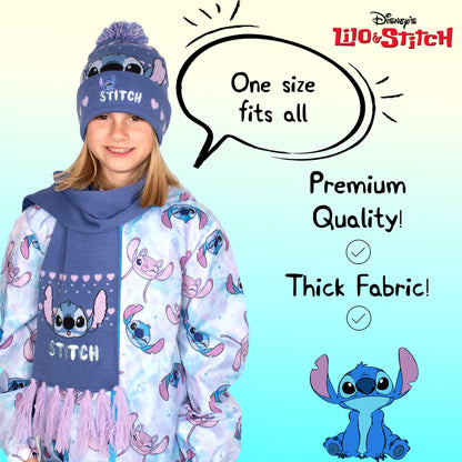 Disney Lilo & Stitch girls' winter hat and scarf set, cozy purple beanie and scarf for kids ages 6-12, perfect winter accessories.