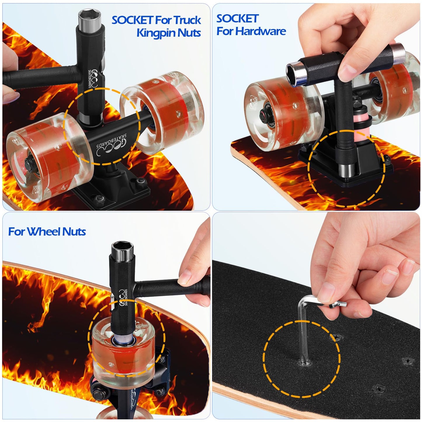 GIEEU Skateboards with Colorful Flashing Wheels for Beginners,Kids,Teens,Adults,31 x 8 Inch Complete Standard Skate Boards 9 Layer Canadian Maple Deck Concave Skateboard (Fire Skateboard-UK)
