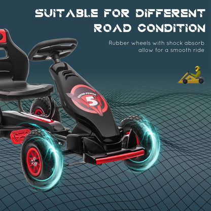 HOMCOM Children Pedal Go Kart, Raving Go Kart with Adjustable Seat, Inflatable Tyres, Shock Aborb, Handbrake, for Ages 5-12 Years - Red