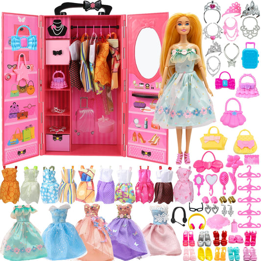 Yutoy dolls wardrobe set with red closet, dresses, shoes, bags, and accessories for 11.5-inch fashionistas dolls.