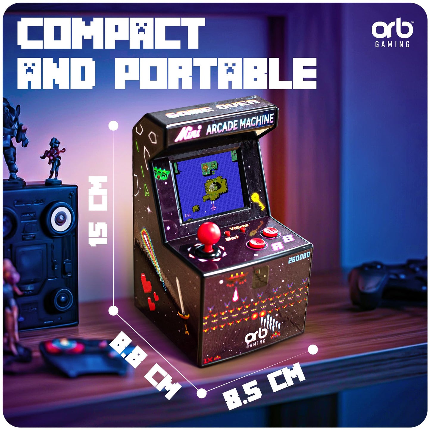 Mini Arcade Machine, 240 Built-In 8-Bit Games, 2.5” Full Colour Screen, 8-Way Joystick, Handheld Retro Games Console – Orb Gaming by ThumbsUp!