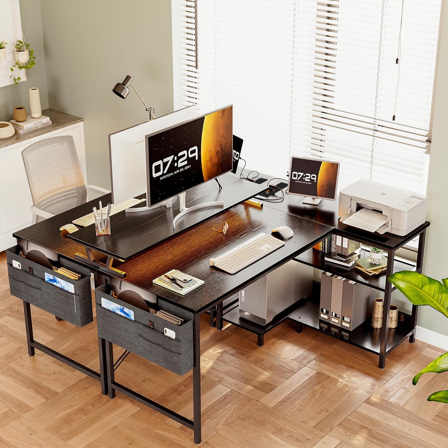 Coleshome L-shaped gaming desk with LED lights, monitor stand, storage shelves, power outlet, in black, 120x80cm computer desk