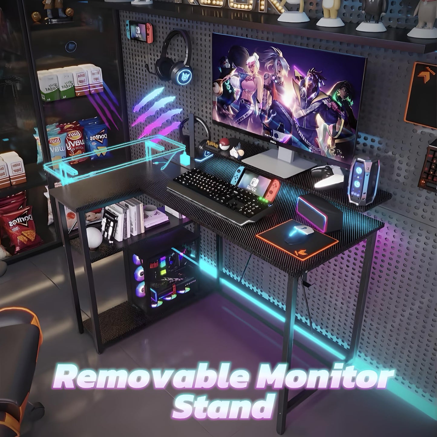 Xyphren L Shaped Gaming Desk with RGB LED Lights & Power Outlets, 100 cm Corner Computer Desk with Adjustable Shelves, Small Office Desk for Study Workstation, Carbon Black