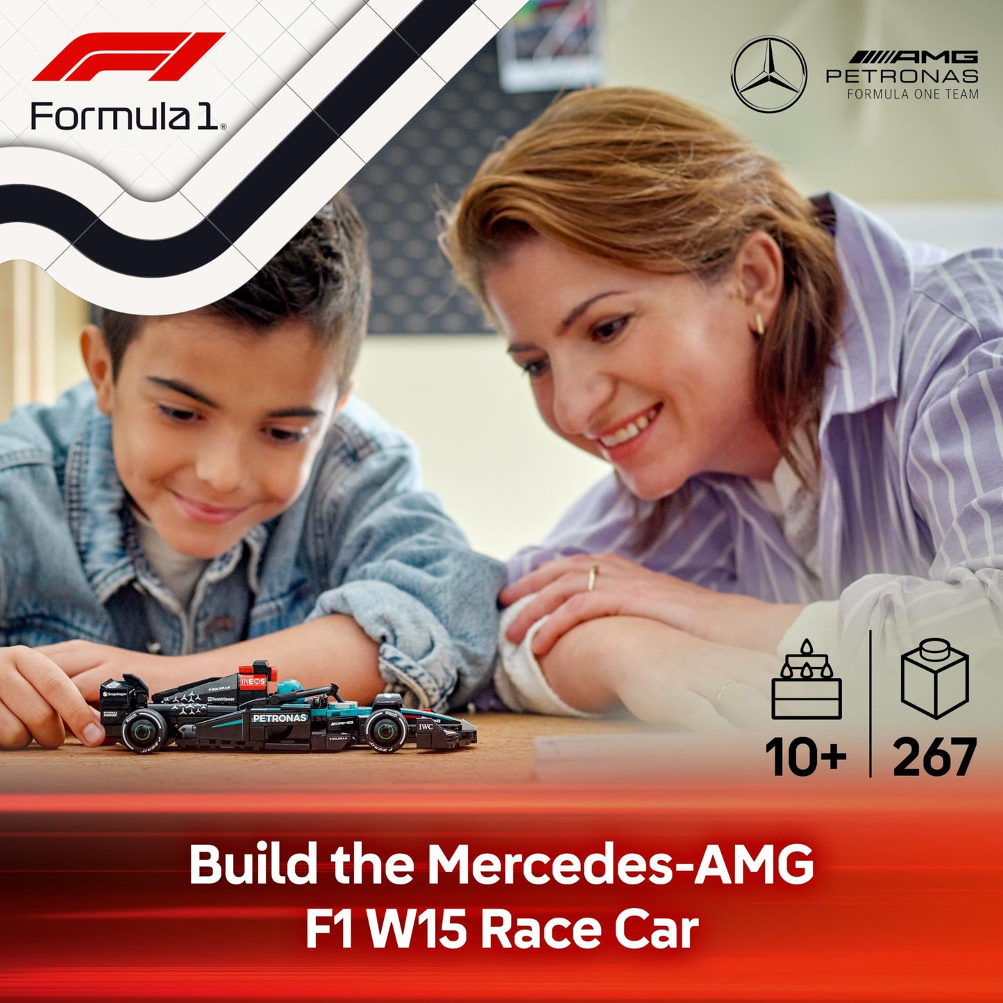 LEGO Speed Champions Mercedes-AMG F1 W15 race car toy with collectible Formula 1 driver minifigure and model kit details.