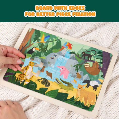 BONNYCO wooden animal puzzle with 24 pieces from different ecosystems, suitable for children ages 3 to 8.