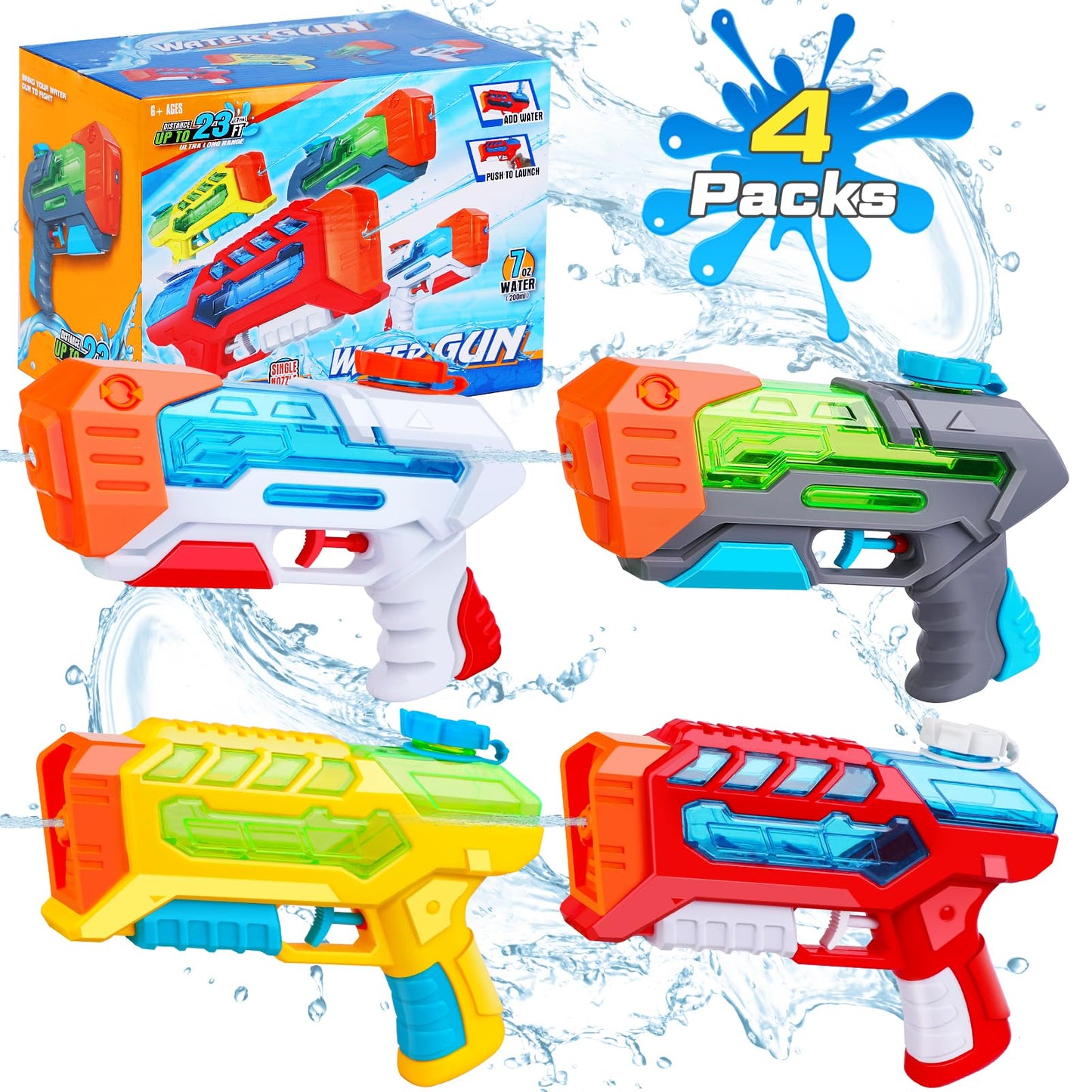 Quanquer water pistol set for kids with four mini water guns, long-range super soaker for summer pool and beach fun.