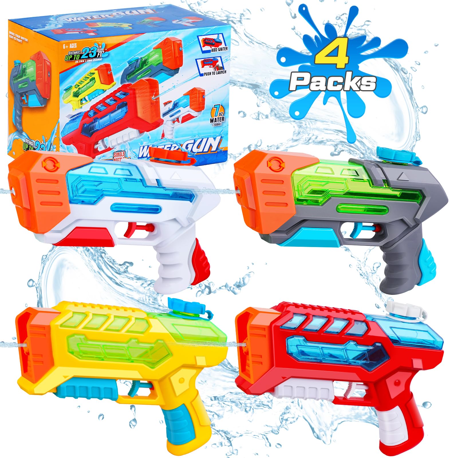 Quanquer water pistol set for kids with four mini water guns, long-range super soaker for summer pool and beach fun.