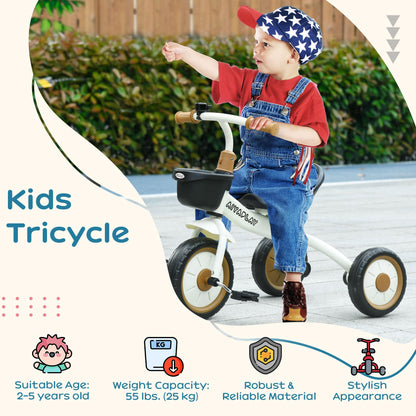 AIYAPLAY Baby Trike, Toddler Tricycle with Adjustable Seat, Basket, Bell, Kids Tricycle for 2-5 Years Old, White