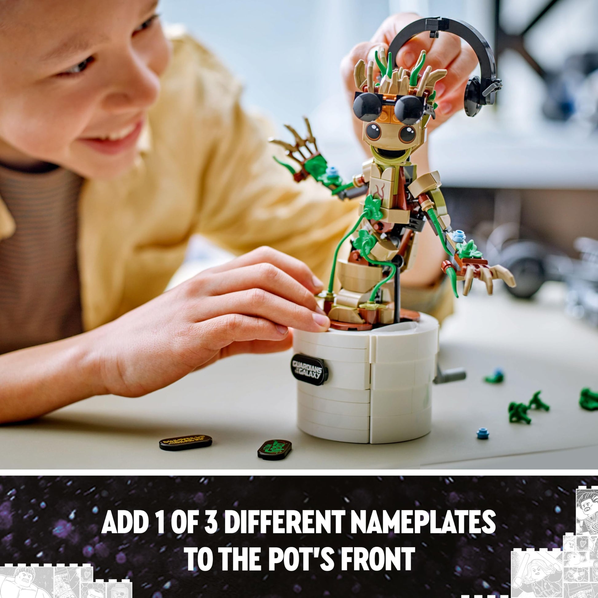 LEGO Marvel Dancing Groot action figure, kids’ interactive playset with buildable design, featuring Guardians of the Galaxy character.